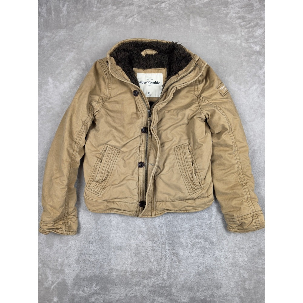 Abercrombie Kids Adirondack Jacket Youth XL Tan Lined Full Zip Military Coat